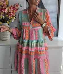 abordables -Femme Mini robe Robe casual Robe Évasée robe boheme Décontractées du quotidien Standard Géométrique Manches 3/4 Col V Rose Claire Eté Printemps Automne