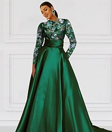 abordables -Robe de soirée A-Line élégante robe formelle de mariage longueur de sol manches longues col bijou robe de la mère de la mariée satin avec fente broderie appliques