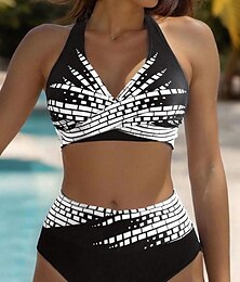 abordables -Maillots de bain pour femmes Bikini 2 Pièces Maillot de bain Audacieux Dos Nu Vacances Plage Géométrique Col Halter Sans Manches Maillots de bain