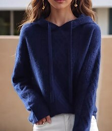 abordables -Mujer Pulóveres Casual Suave Color puro Estriado Con Capucha De Punto Manga Larga Tops regulares Tejer Exterior Diario Fin de semana Blanco Azul Marino Otoño Invierno