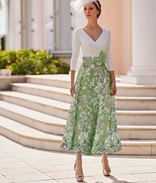 preiswerte -A-Linie Kleid Strandhochzeit Brautmutter Kleid Elegant Vintage V-Ausschnitt Knöchellänge Stretch Stoff Halbe Ärmel mit Spitzenstickerei Derby Kleid Derby Kleider Renntag Kleid 2025