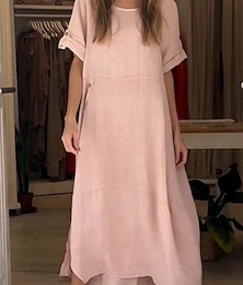 abordables -Femmes Robe maxi Robes inspirées du lin Robe Décontractée Robe unie Occasionnel Sport & Loisir Rue Coupe régulière Uni Demi Manches Col ras du cou Rose Claire Rouge Été Printemps Automne