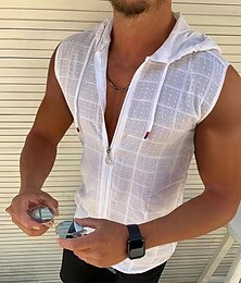 baratos -Homens Malha Íntima Moletom com zíper Moletom sem mangas Sem Manga Com Capuz Primavera Verão Floral Grade / xadrez Moda Casual Respirável Com Cordão Férias Casual Diário Preto Branco Vermelho Top Tee
