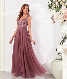 economico -abiti da sposa a-line abito elegante da sposa da sposa per compleanno abito lungo senza maniche scollo a V rosa tulle schiena a V con paillettes 2025