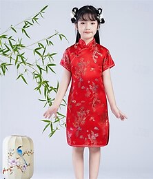 olcso -Gyerekek Lány Ruha kínai Cheongsam Sárkány Rövid ujjú Teljesítmény Parti Hímzett Imádni való Kínai Poliészter Térd feletti Cheongsam ruha Nyár Tavasz 4 év + Fekete Sárga Arcpír rózsaszín