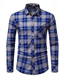 billiga -Herr Skjorta Sommarskjorta Casual skjorta Knapp upp skjorta Rutiga skjortor Rubinrött Blå Långärmad Rutig Kavajslag Semester Helgdag Button-Down Kläder Polyester Mode Ledigt Bekväm