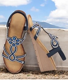 economico -sandali con zeppa in strass da donna con cinturino elastico, elegante design con punta aperta e perline per l'estate, perfetti per abbigliamento casual e da festa