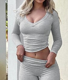 billiga -Dam Pyjamas Vardagsklädsel 2 delar Ledigt Komfort Ren färg Lappverk T-shirt Byxa Hem Långärmad V-hals Svart Grå Vår Höst Vinter Skräddarsydd passform