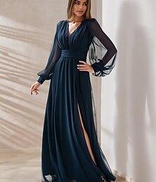 levne -A-line elegantní šaty matky nevěsty večírek V výstřih podlahová délka šifon s krajkovými detaily dlouhý rukáv Barevná mašle na spuštění