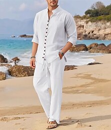 economico -Per uomo camicia di lino 2 pezzi Completo di camicia Camicia estiva Set abbinati Camicia da spiaggia Liscio Da mare Curise Nero Bianco Blu Manica lunga Colletto alla coreana Primavera estate
