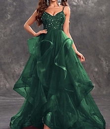 economico -Abiti da Prom A-Line Vestito Elegante Glitter Tulle Formale Ospite di Matrimonio Lunghezza Pavimento Senza Maniche V Collo 2024