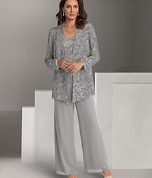 voordelige -Zilver Groen Blauw FORMAL Pantsuit Strand Bruiloft 3 Delen Moeder van de Bruid Elegant Juweel Hals Chiffon Lange Mouw Wrap Inclusief Kant Borduurwerk Effen Kleur 2025