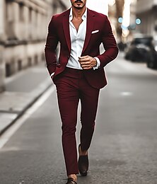 お買い得  -男性用 カジュアル スーツ ノッチドラペル ブラック バーガンディー 作業服 ストリートスタイル ソリッド スタンダードフィット 2点セット シングルブレスト 一つボタン