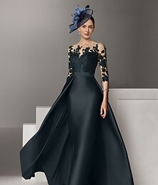 ieftine -Rochie de seară tip A-line Rochie elegantă pentru invitați la nuntă tren de tip sweep  brush mânecă lungă decolteu rotund satin elastic cu aplicații