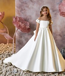 preiswerte -Blumenmädchenkleid Mädchen Kleid für die Erstkommunion Party Kleid Leistung Hochzeit Party Prinzessin Süß Gitter Feste Farbe Ärmellos Schulterfrei Elfenbein Kinder