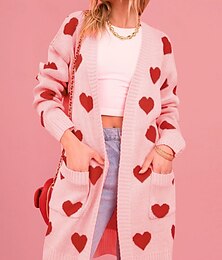abordables -Femme Pull Chandail Gilet Cardigan Elégant Mode Vêtement de rue Cœur Ouvrir le devant Poche Tricoté manche longue Hauts réguliers Tricoter Extérieur du quotidien Fin de semaine Noir Rose Claire