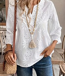 economico -Bluse Eleganti in Pizzo Bianco per Donna con Occhielli Blusa Casual Colore Unito Top Regolari a Maniche Lunghe Collo a V Fit Regolare Giornaliera Bianca Romantica Petits da Indossare in Estate e