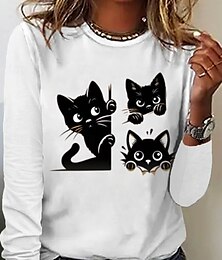 abordables -Mujer Camiseta Gato Casual Manga Larga Escote Redondo Tops regulares Diario Fin de semana Estampado Blanco Otoño Invierno