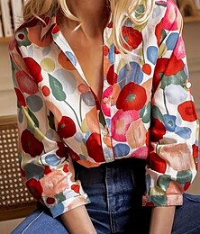 economico -Per donna Camicia Blusa Floreale Pop art Elegante Moda Informale Manica lunga Colletto Top regolari Ufficio Giornaliero Per eventi Bottoni Rosso Estate Primavera