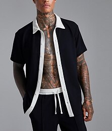 economico -Per uomo 2 pezzi Completo di camicia Set estivo Set abbinati Maglietta informale Camicia di velluto a coste Nero Bianco Manica corta Color Block Colletto Da mare Giornaliero Abbigliamento Di tendenza