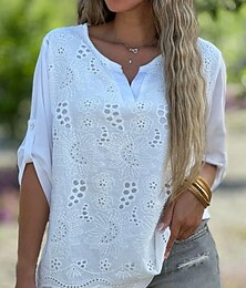 economico -Per donna Camicie ispirate al lino Top traforato Blusa Bianca in Cotone Top Eleganti Elegante Moderno Casual Manica Lunga Scollo a V Top Regolari Lavoro Quotidiano Ferie Patchwork Traforato Bianco