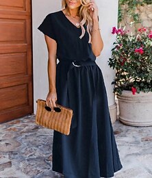 abordables -Femme Robe Maxi Robe Évasée Robe élégante Elégant mode Décontractées Vacances du quotidien Ample Plein Manche Courte Col V Noir Rose Claire bleu marine Eté