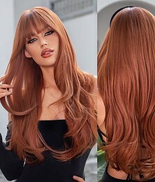 cheap -Long Wavy Ginger Wig with Bangs Red Brown Auburn Wigs for Women Heat Resistant Synthetic Fiber for Daily Party Use