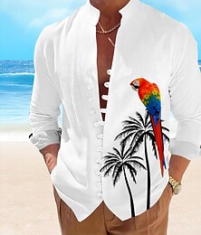 preiswerte -Herren Papagei Hawaiihemd Sommerhemd Aloha-Shirt Langarm Hawaiianisch Resort Urlaub Sommer Frühling V Ausschnitt Knopf hoch Weiß Blau Grün Beige