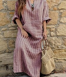 abordables -Femmes Normal Robe maxi Robes inspirées du lin Élégant Occasionnel Vacances Quotidien Coupe régulière Graphique manche longue Col ras du cou Rouge Vert Gris Printemps Automne