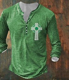 preiswerte -Graphic Kreuz Modisch Täglich Brautkleider schlicht Herren 3D-Druck Henley Shirt Casual Festtage Ausgehen St. Patrick T-Shirt Dunkelgrün Grün Langarm Henley Hemd Frühling & Herbst Bekleidung S M L XL