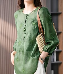 economico -Per donna Camicia Camicie ispirate al lino Abbottonare Blusa Tinta unica Essenziale Casual Manica Lunga Scollo a V Top Regolari Quotidiano Bottoni Verde Estate Primavera Autunno