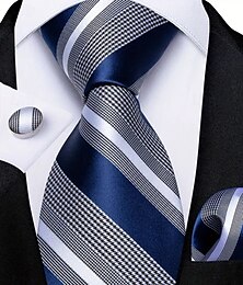 abordables -Conjunto de corbata a rayas para hombre con pañuelo de bolsillo y gemelos a juego: corbata formal para bodas, oficina y ocasiones especiales