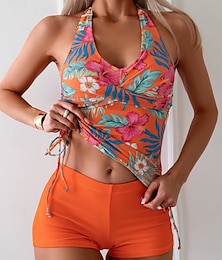 abordables -Femme Maillots de Bain Tankini 2 pièces Jambe de garçon Maillot de bain Dos Nu Taille haute Vacances Tenues de plage Feuilles Dos nu Sans Manches Maillots de bain