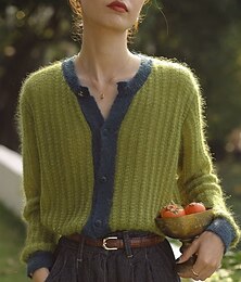 abordables -Femme Pull Chandail Gilet Cardigan Décontractées Flexible Couleur monochrome A côtes Col Ras du Cou Boutons Tricoté manche longue Hauts réguliers Tricoter Extérieur du quotidien Fin de semaine Vert