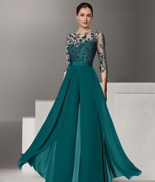 abordables -Combinaisons Mère de la Mariée Mariage Plage Élégante Col Illusion Longueur de Sol Chiffon Élastique Manches 3/4 avec Dentelle Couleur Unie