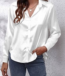 economico -Per donna Camicia Blusa Tinta unica Essenziale Informale Manica lunga A V Top regolari Giornaliero Bottoni Bianco Rosso Beige Estate Primavera Autunno