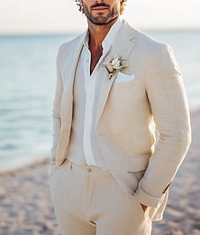economico -Abiti da matrimonio in spiaggia per uomini completi in lino beige completi da testimoni estivi leggeri casual colore uniforme taglio standard 2 pezzi monopetto un bottone