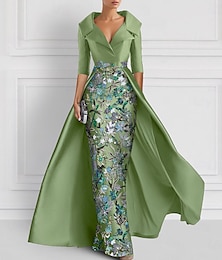 abordables -robe de soirée trapèze brodée verte robe élégante de mariage formelle longueur au sol demi-manches col chemise satin avec appliques fendues 2025