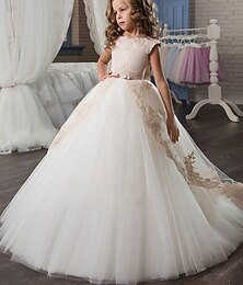 voordelige -Bloemenmeisjesjurk kinderen Voor meisjes Prinses jurk Eerste Communie Jurk Prestatie Bruiloft Feest Elegant Mooi Netstof Effen Kleur Mouwloos Strakke ronde hals Lichtgeel Wit 4 jaar +