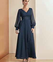 abordables -Robe A-Ligne robe de la mère de la mariée élégante fête col en V longueur jusqu'au sol chiffon manches 3/4 avec perles