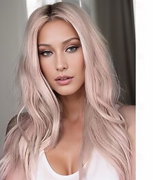 economico -parrucche ispirate a kim kardashian parrucca sintetica parrucca dritta asimmetrica lunga rosa capelli sintetici design alla moda da donna rosa naturale morbido
