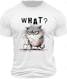 baratos -Camiseta Masculina Engraçada Gato Grumpy 'QUÊ?' Café da Manhã Manga Curta Gráfica