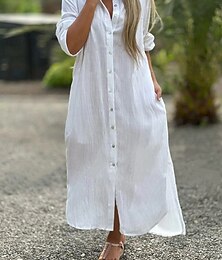 economico -Per donna Normale Abito maxi Abiti ispirati al lino Abito Camicia Streetwear Streetwear Data Vestibilità regolare Tinta unica Colletto a Camicia Nero Bianco Verde Primavera Autunno