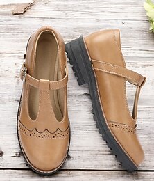 abordables -Zapatos Mary Jane con tiras en T de piel sintética color tostado para mujer con detalles brogue y suela resistente para un uso diario cómodo y atuendos de estilo vintage