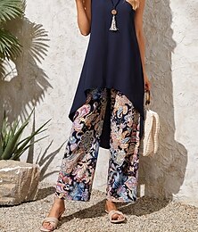 economico -Per donna Di tendenza Streetwear Giornaliero Canotte Camis Pantaloni a gamba larga Senza maniche Girocollo Motivo cashemire Stampa Informale Giornaliero Blu marino Primavera & Autunno Standard