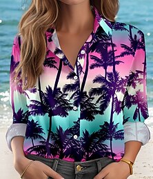 economico -Camicia da donna hawaiana casual ombré top regolari maniche lunghe colletto bottoni stampa vestibilità regolare lavorativa quotidiana viola estate vacanze abbigliamento da spiaggia