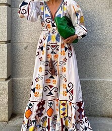 ieftine -Pentru femei Rochie Maxi Rochie casual Rochie A line Rochie Boho Epocă Casual Vacanță Zilnic Fit regulat Geometric Manșon Lung În V Alb Primăvară Toamnă