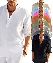 economico -Per uomo Camicia camicia di lino Camicia con colletto a fascia Camicia popover Camicia estiva Abbigliamento mare Tinta unica Hawaiano Per eventi Nero Bianco Giallo Rosa Manica lunga Henley Estate