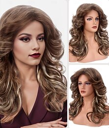 economico -Parrucca disco marrone con colpi anni '70 parrucche Farrah Fawcett per donne parrucche naturali sintetiche piene vintage costume per carnevale parrucche di Halloween