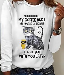 abordables -Camiseta Túnica 100% Algodón para Mujer Moda Casual Impresión de Manga Larga Tops Regulares Cuello Redondo Diario Negro Blanco Primavera Otoño